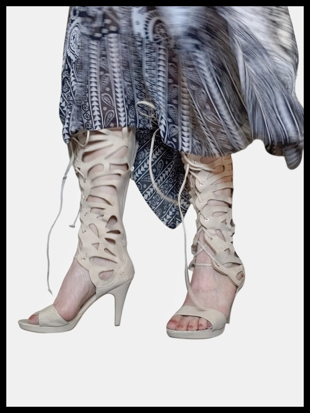 Lace-Up Cutout Knee-High Heels in Nude - Picture 2 of 6